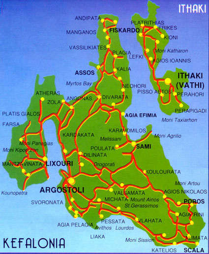 Colored roadmap of Kefalonia, Greece